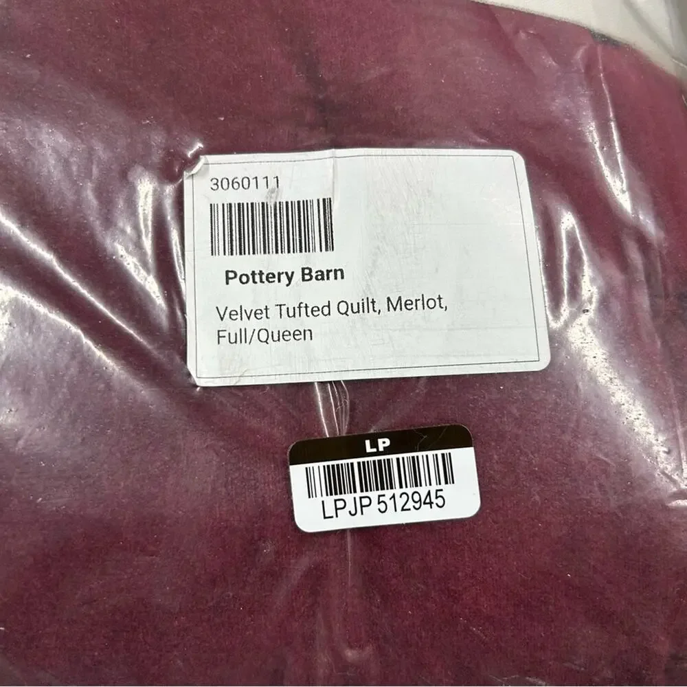 Pottery Barn Velvet Tufted Quilt FULL QUEEN Merlot Deep Dark Red Bedding NWT